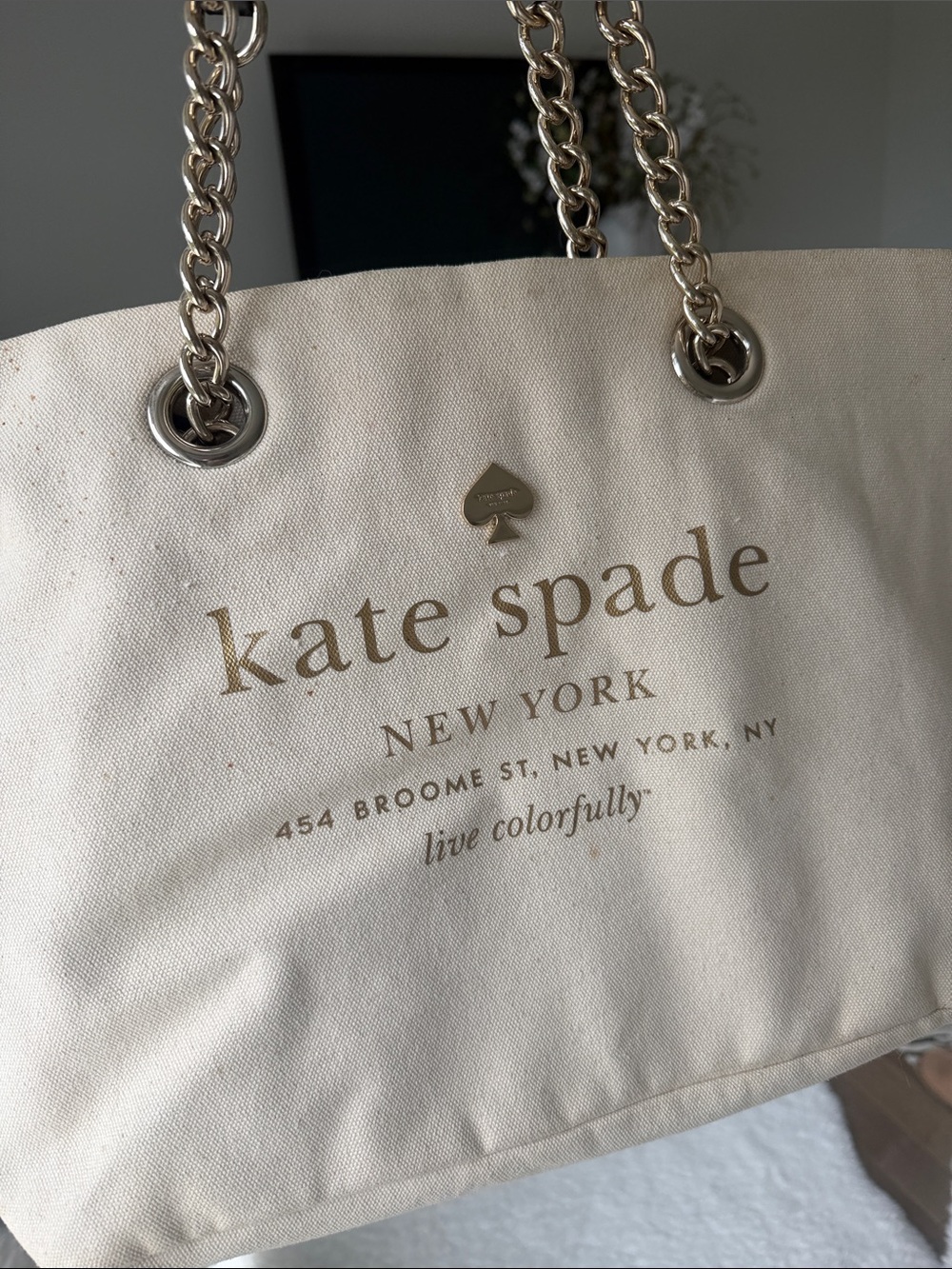 kate spade Cream Canvas Tote with Gold Logo and Chain Handles